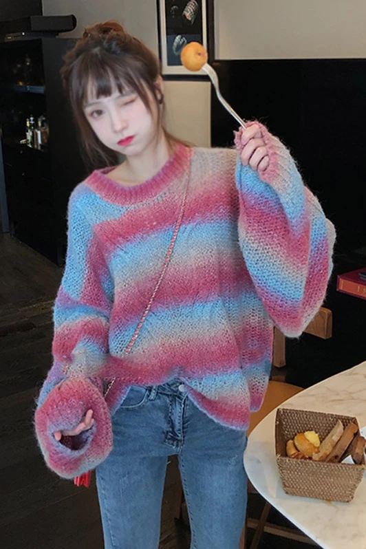 

Rainbow Stripe Colorful Pullovers Kniting Long Sleeve O Neck Girls Sweater