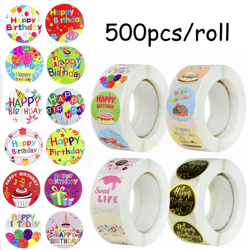 

500pcs/roll Happy Birthday Sticker Cartoon Paper Stickers Seal Label Birthday Party Baby Shower Gift Box Scrapbooking Decoration