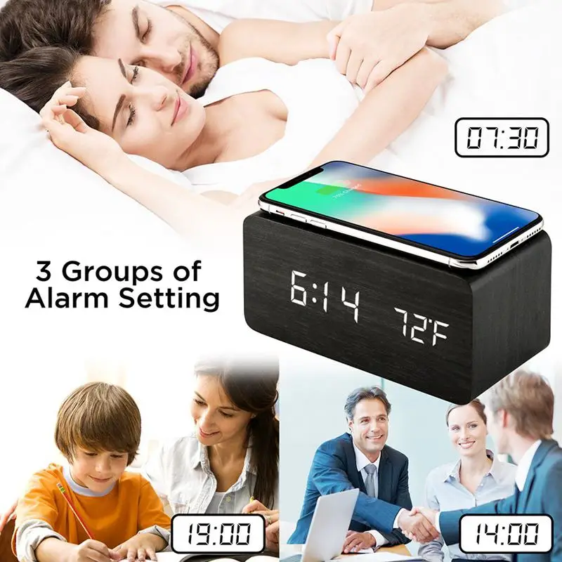 

Wooden Alarm Clock With Qi Wireless Charging Pad Compatible With For Iphone Samsung Wood Led Digital Clock Sound Control Functio