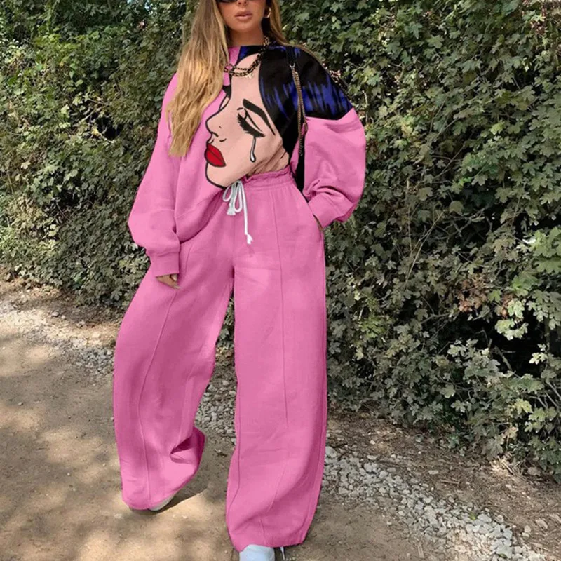 

Pink Beauty Print Casual Retro 2-piece Thin Sweatshirt Ladies Sportswear Streetwear Pants Matching Suit Plus Size Autumn