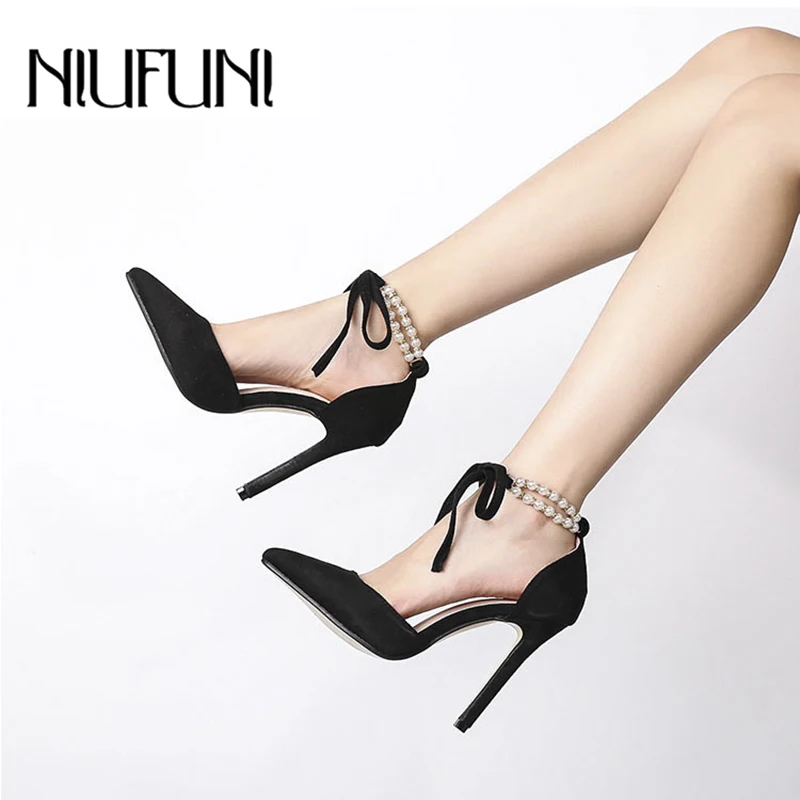 Босоножки женские с ремешком на щиколотке заостренный носок жемчуг