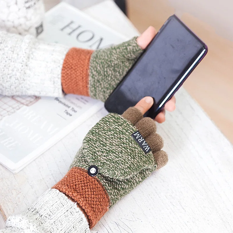 

New Winter Warm Thickening Wool Gloves Mittens Unisex Glove Knitted Flip Fingerless Flexible Exposed Finger Thick Gloves Women