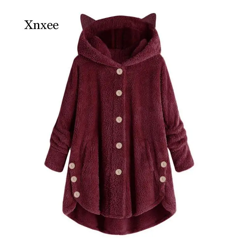 

Women Fluffy Coat Loose Hoodie Sweatshirt Solid Winter Cat Ear Hooded Hoodie Buttons Fleece Jackets Tracksuit Coat Plus