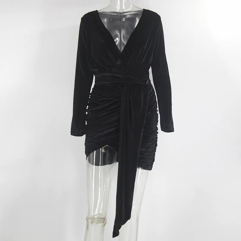 

Sexy Dresses 2020 Winter New Sexy Club Velvet Drawstring Lace-up Dress For Women Solid Long Sleeve V Neck