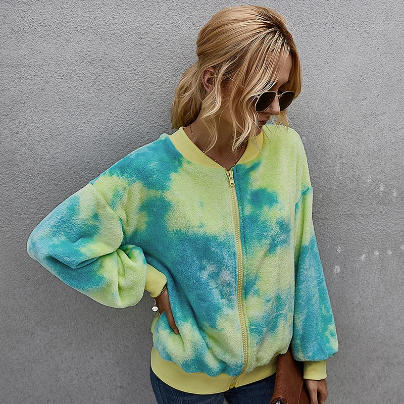 

Womens Colorful Plush Jacket Warm O-Neck Zipper Cardigan Streetwear Sweatshirt Tie Dye Long Sleeve Coat For Female Fashion Tops
