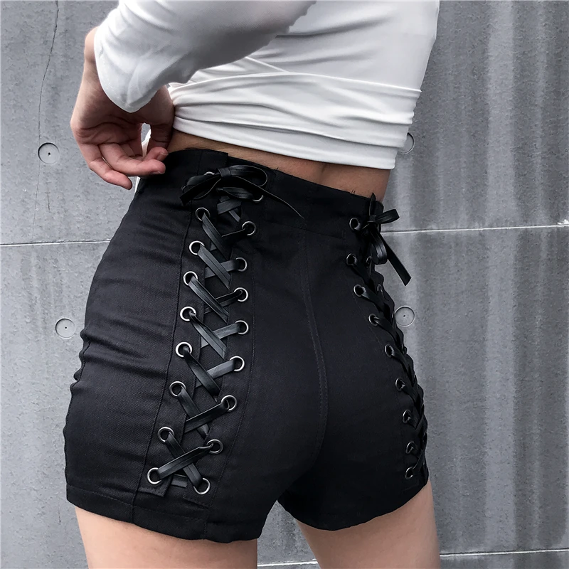 

Black Slim Gothic High Waist Shorts Women Hot Summer 2019 Streetwear Casual Punk Style Hip Criss-Cross Bandage Shorts