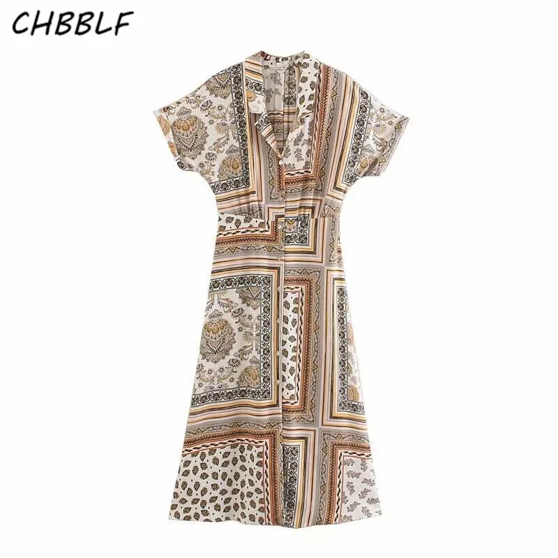 

CHBBLF women stylish paisley print midi dress short sleeve A line female fashion mid calf shirt dresses vestido O9231