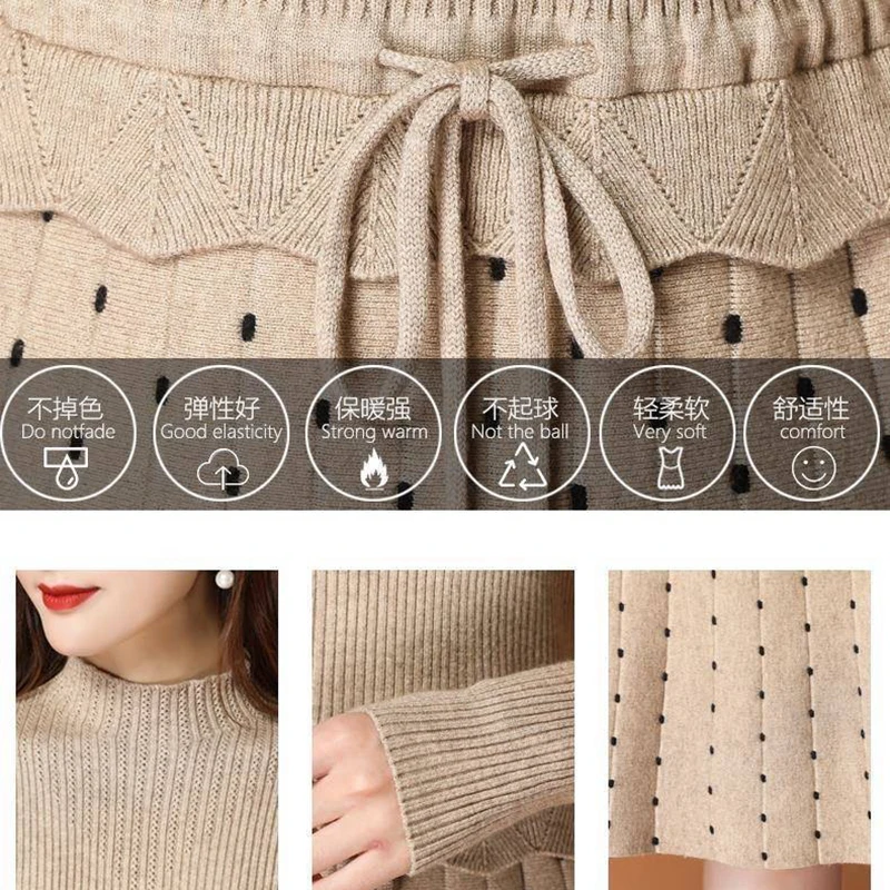 

Chic Long Knit patchwork Women dot printed Sweater Dress Thick Warm Winter Dress Female Rib Turtleneck A Line Dress Office Lady