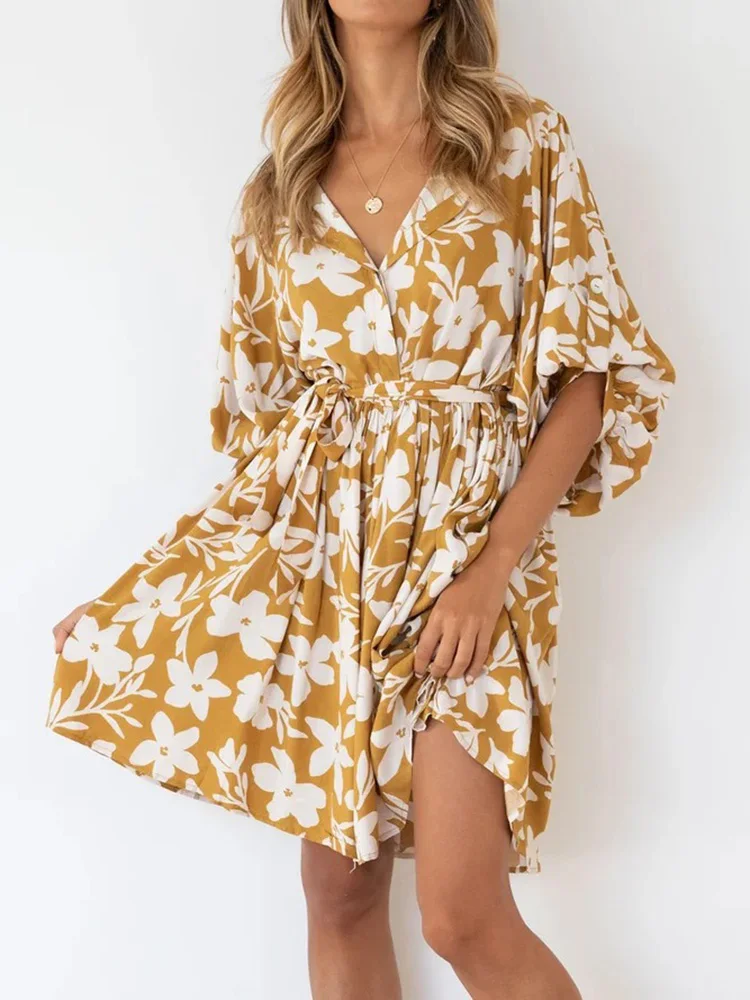 

Women's Floral Half Sleeve Bandage Mini Dress V-neck Vintage Floral Dress Summer Beach Boho Dress Holiday Feminine Viper Vestido