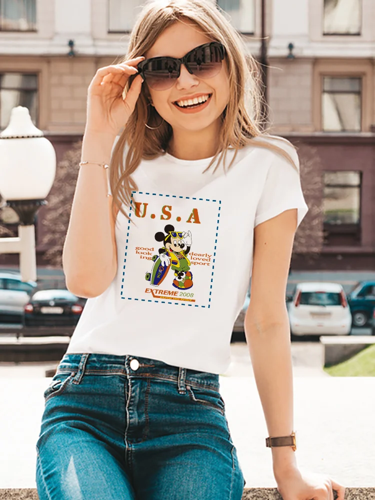 

Модные футболки Disney USA с рисунком Микки Мауса, подходящая ко всему белая нижняя рубашка, повседневная женская одежда с коротким рукавом для ...
