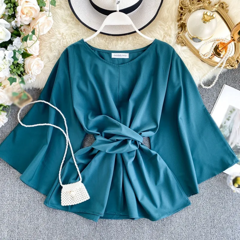 

Woman Sexy Deep V-Neck Blouses Black Button Lantern Flare Long Sleeve Lace Up Slim Fashion Spring Shirts,
