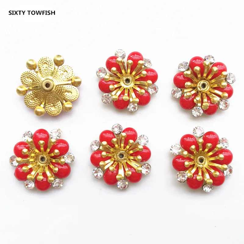 

20 Pieces 19mm Red Color Brass Filigree Clear Rhinestone Flower Slice Charms Base Setting Hair Jewelry DIY Components Findings