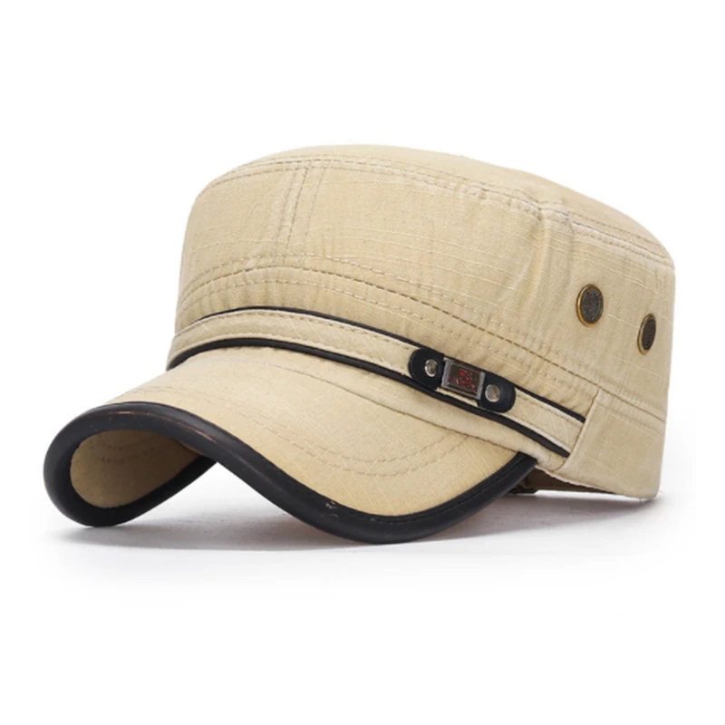 

Classic Vintage Flat Top Men Washed Cap Adjustable Cap Winter Warm Cotton Solid Color Sun Protection Military Cap