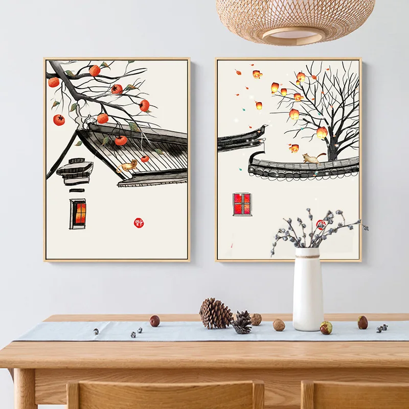 

Tranditional Chinese Poster Yard Lantern Canvas Painting Black and White Poster and Picture Cafe Reastraunt Home Decor Prin