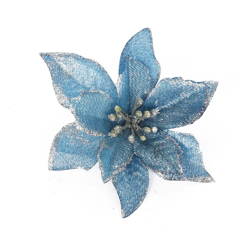 10pcs blue 10 шт. рождественские искусственные с блестками цветы рождественские украшения золотой красный кулон из ротанга Рождественская елка украшения для домашнего декора - Цвет: 10pcs blue
