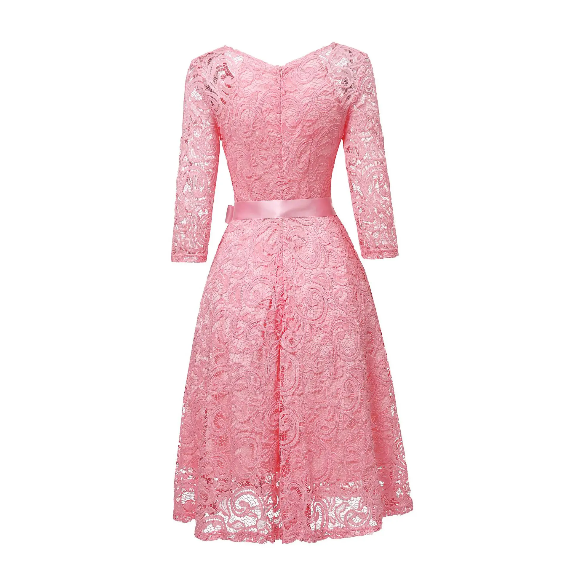 

WEPBEL Dress Women's Casual Solid Color Lace Dress Summer Fashion Slim-Fit V-neck High Waist Three Quarter Sleeve Dress