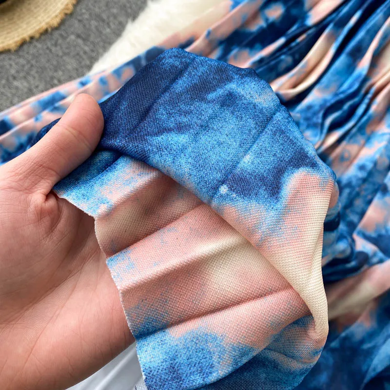 

Elegant Belted High Elastic Waist Pleated Skirt Casual Female Work Daily Skirts Ins New Hot Tie Dye Print Long Skirt Women