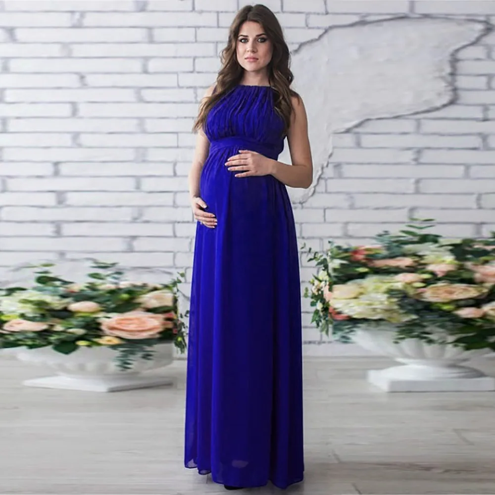 

Bohemian Style Long Dress Solid Color Sleeveless Round Neck Belt Waist Photo Long Chiffon Dress for Pregnant Women Dresses