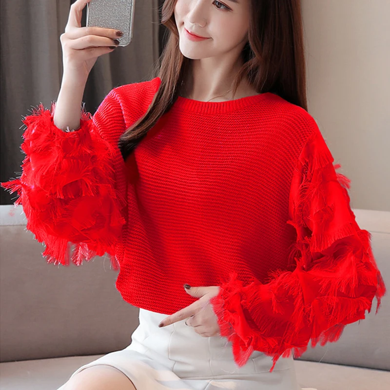 

Pullover Sweater Blusa Tassel Splice Loose Casual Knitted Sweaters Women Round Neck Bow Sweater 2021 Korean Women's Tops