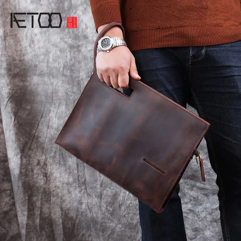 AETOO Men's retro crazy horse leather shoulder bag, leather business briefcase, casual top layer leather messenger bag