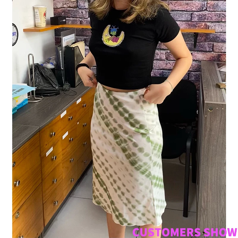 

Tie Dye Printed Skirts Y2K Frill Long Mid-Calf Straight Skirts Women High Waist Cute Retro Party Outfits Streetwear