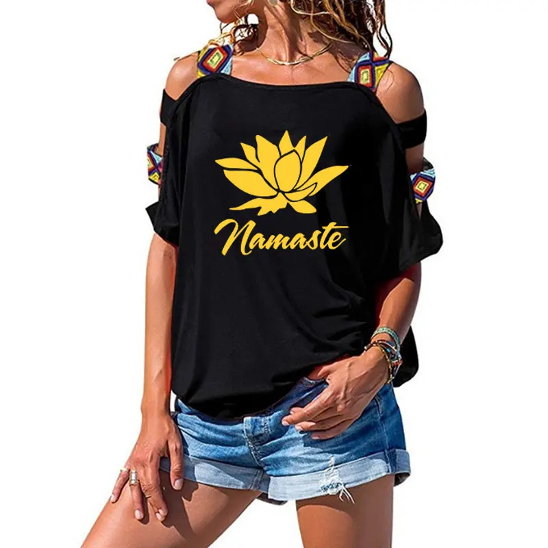 

Женская футболка с принтом NAMASTE, повседневная хлопковая хипстерская забавная футболка, женские летние сексуальные футболки с вырезами на п...