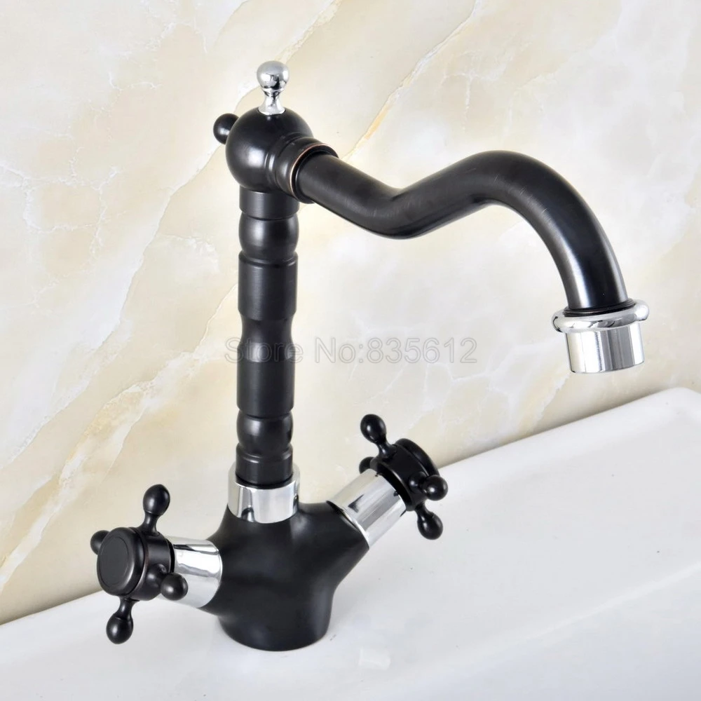 

Chrome Black Bathroom Basin Faucets Brass Dual Cross Handle Sink Faucets Tall Swivel Spout Washbasin Vanity Mixer Taps tnf482