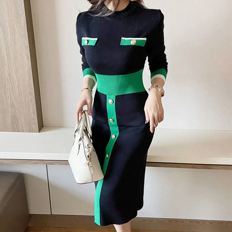 

Autumn Winter 2021 Long Knitted Dress Chic Fashion Black Single-Breasted Bodycon Sheath Dress Party Club