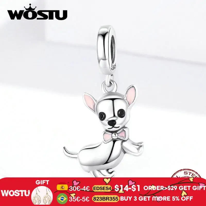 WOSTU подлинное серебро 925 пробы Чихуахуа собака очарование подходит оригинальный