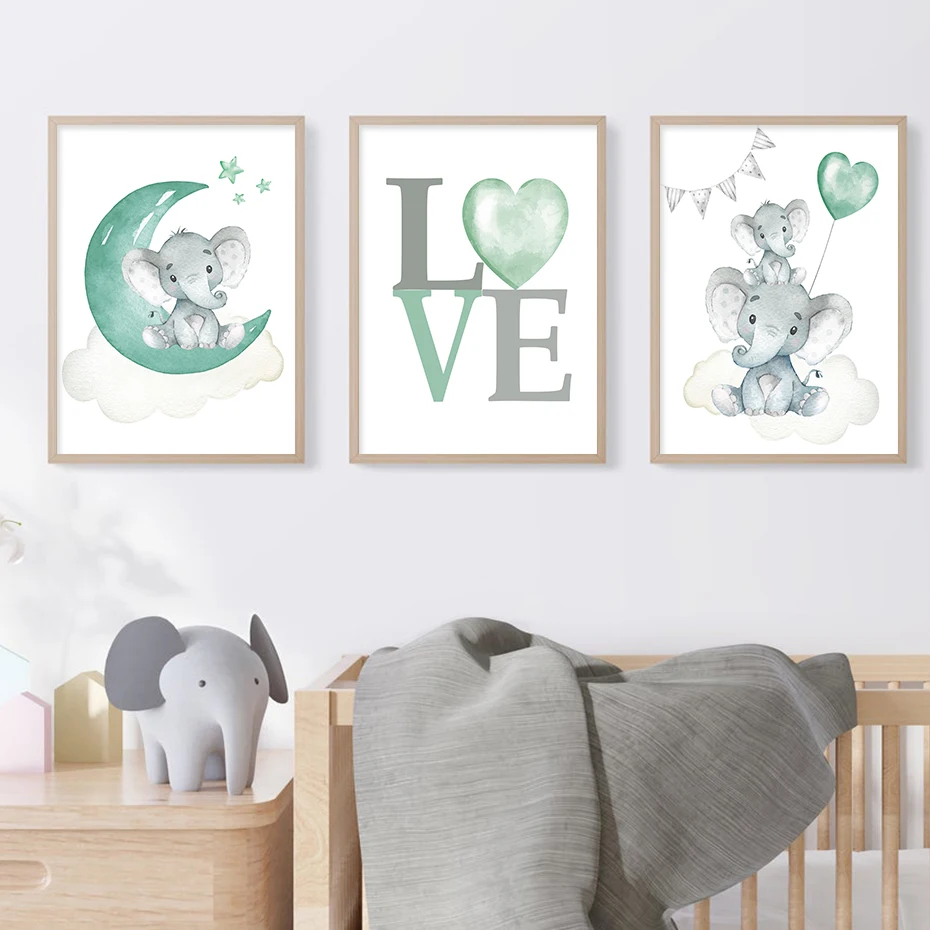

Blue Green Moon Gray Elephant Posters Nursery Canvas Painting Wall Art Print Picture Kids Room Home Decoration