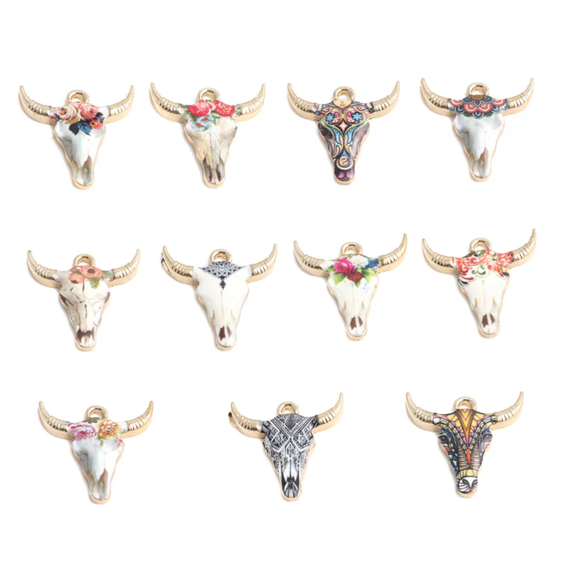 

10 PCs Doreen Box Cow Animal Charms Zinc Alloy Gold Color Multicolor Flower Enamel Pendant For DIY Jewelry Making 22mm x 21mm