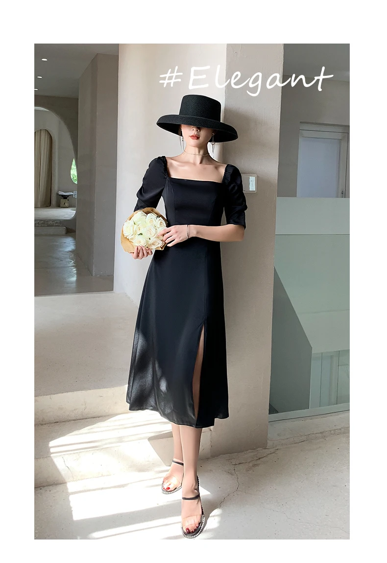 

French Black Medium length square neck dress