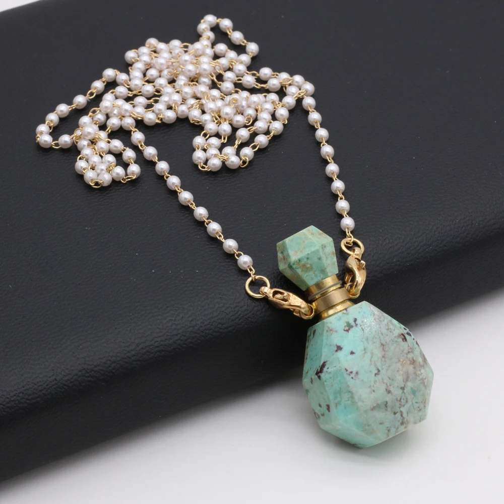 

80cm Natural Essential Oil Diffuser Perfume Bottle Pendant Two Glass Pearl Chain Green Turquoises Necklace Accessory Women Gift