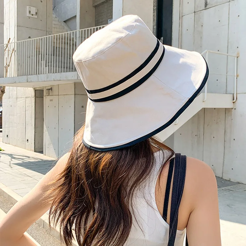 

Simple Summer Women Beach Hat Female Casual UV Protection Bucket Hat Women Wide Brim Striped Sun Hat