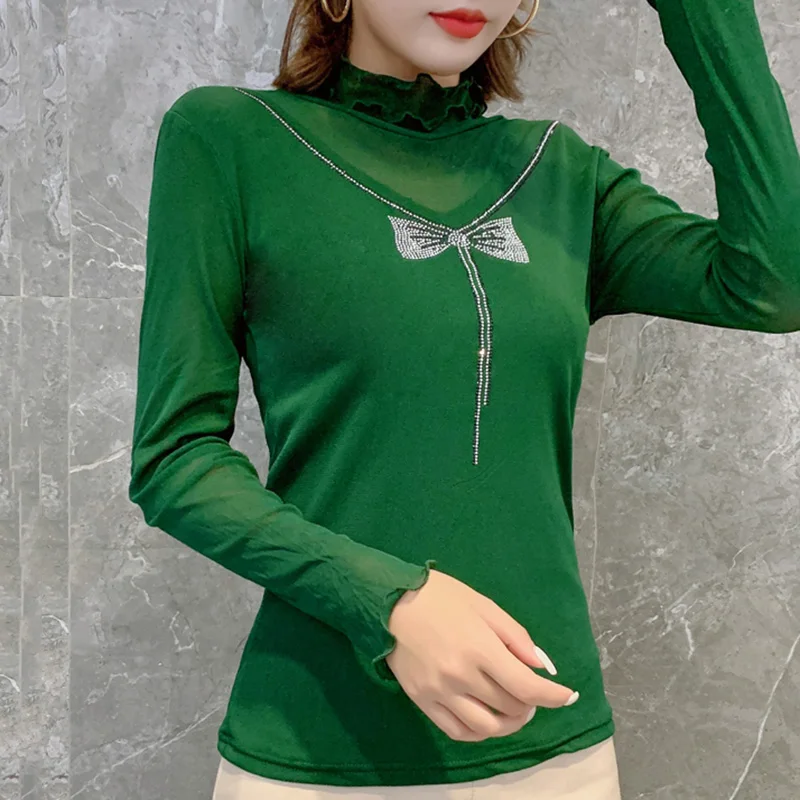 

2021 Autumn Women Clothing Fashion Casual Long-Sleeve Turtleneck Mesh T-Shirt Bow Hot Drilling Women's T-Shirt