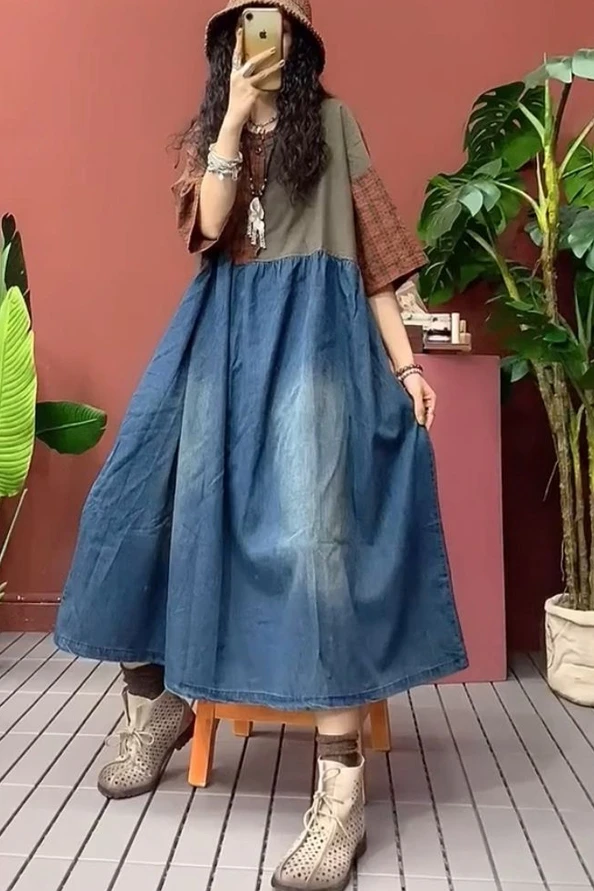 

QING MO Black Blue Women Denim Patchwork Dress 2021 Summer Women Vintage Loose Dress Female Plus Size A Line Dress ZQY7122