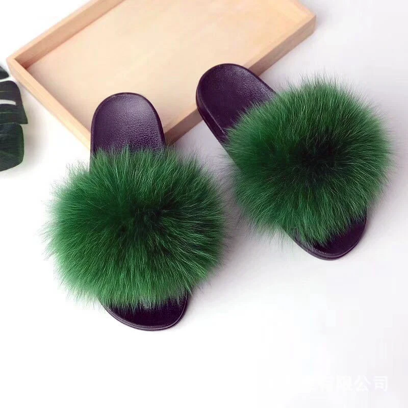 

Fashion Party Slippers Real Fox Raccoon Fur Slippers Women Indoor Flat Beach Luxury Ladies Shoes Cute Fluffy Fur Slippers Women