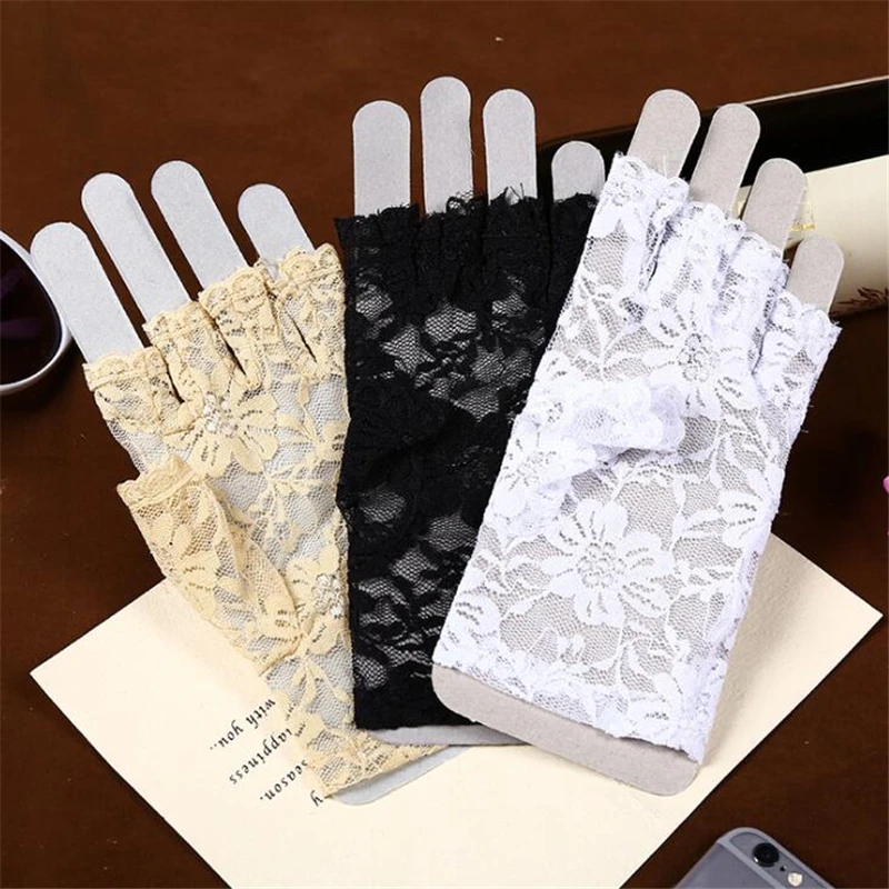 

Half Finger Sexy Woman Lady Lace Gloves Mittens For Bride Women Fingerless Gloves Party Black White Beige 3 Colors