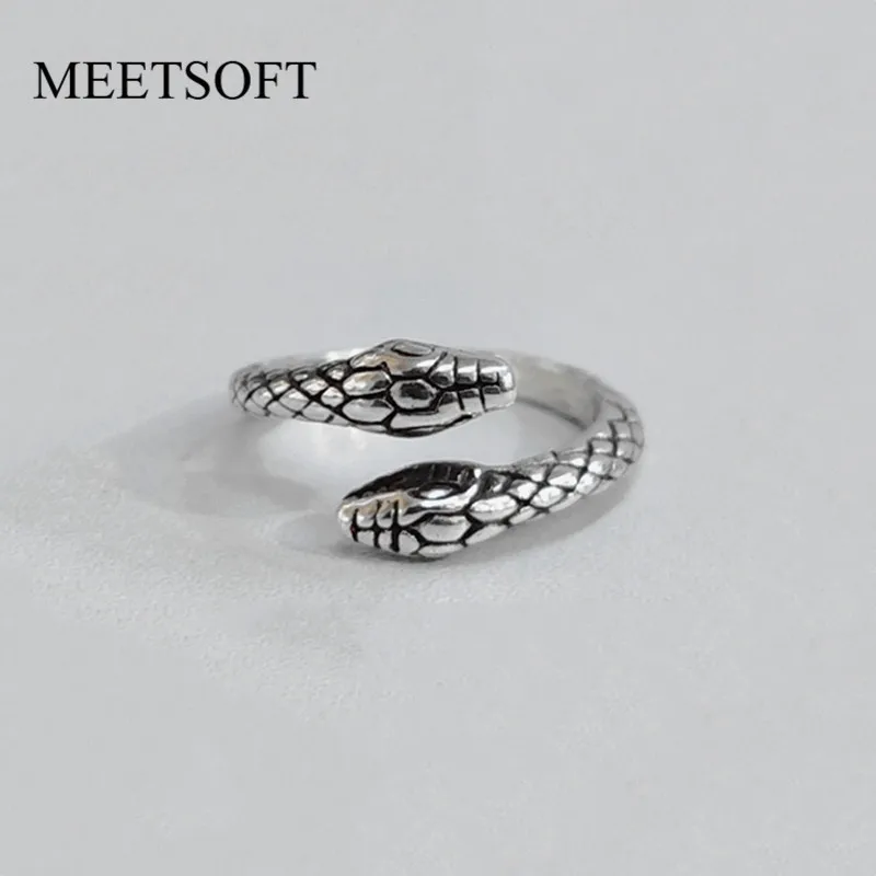 

MEETSOFT 925 Silver Opening Ring For Women Simple Adjustable Retro Double Head Snake Jewelry Gift