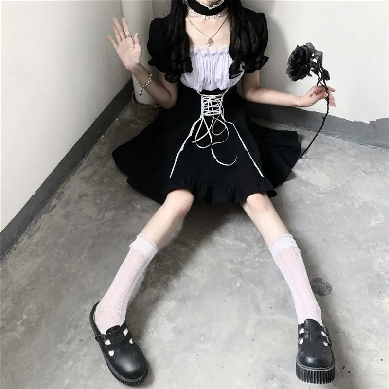 

Summer Gothic Women Little Black Maid Dress Japanese Harajuku Women Bandage Cosplay Costume Puff Sleeve Cute Kawaii Lolita Dress