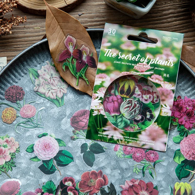 

30PCS/LOT Retro Blossom Theme Floral PVC Stickers Set 60mm*60mm DIY Journal Diary Scrapbooking Decoration Supplies