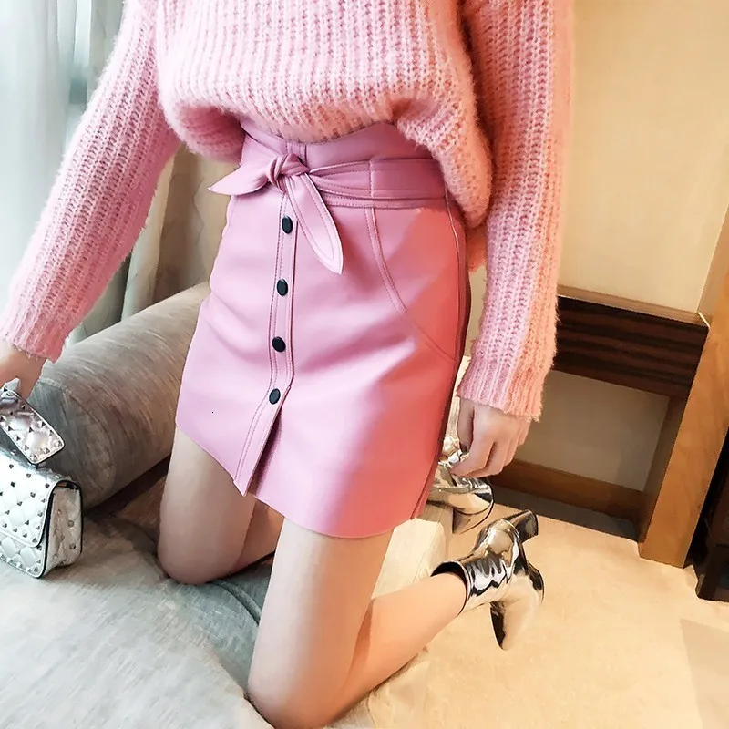 

Leather skirt real woman yellow rose sexy height high radian simple button office lady spring 2020 Mini Skirt