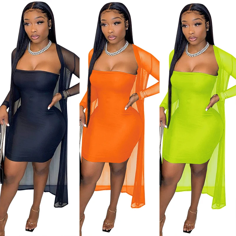 

Sexy Mesh Sheer Summer Two Piece Set Long Sleeve Cardigan for Women Off Shoulder Bodycon Mini Dresses Club Matching Sets