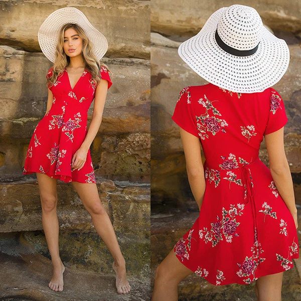 

New 2018 Summer Women Short Sleeve Mini Dress Casual Party Evening V neck High Waist Chiffon Short Mini Dresses