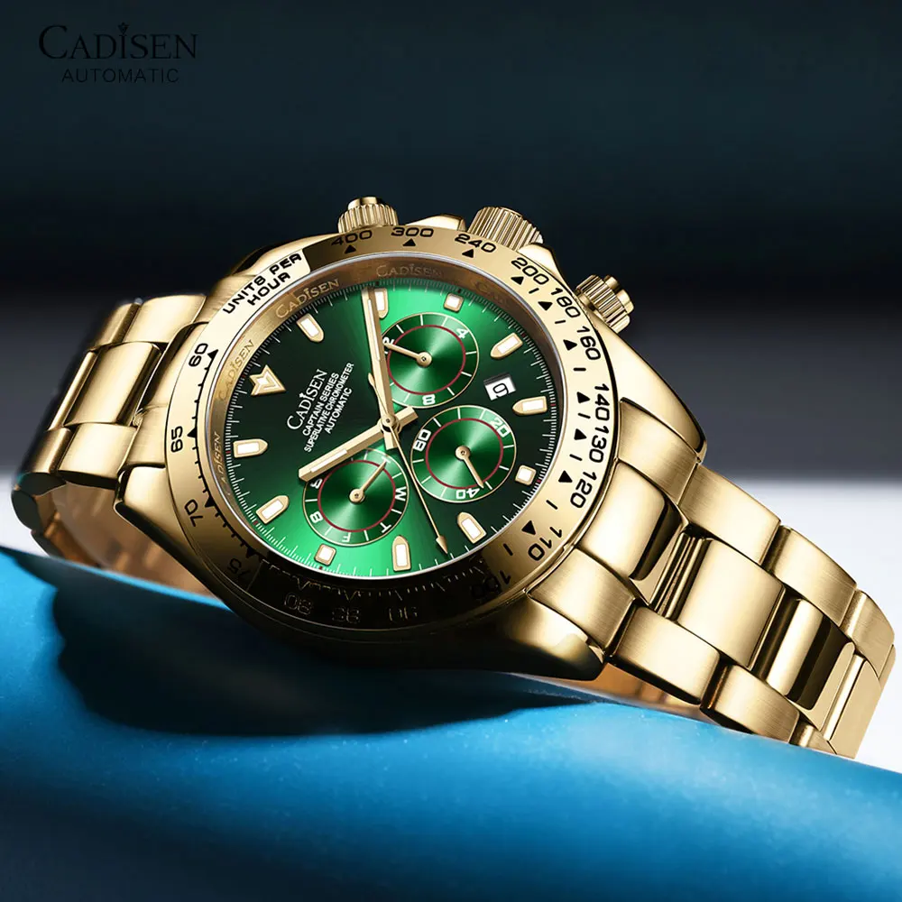 

Часы наручные CADISEN мужские, водонепроницаемые автоматические, из нержавеющей стали, с отображением даты, недели и месяца, золотисто-зеленые