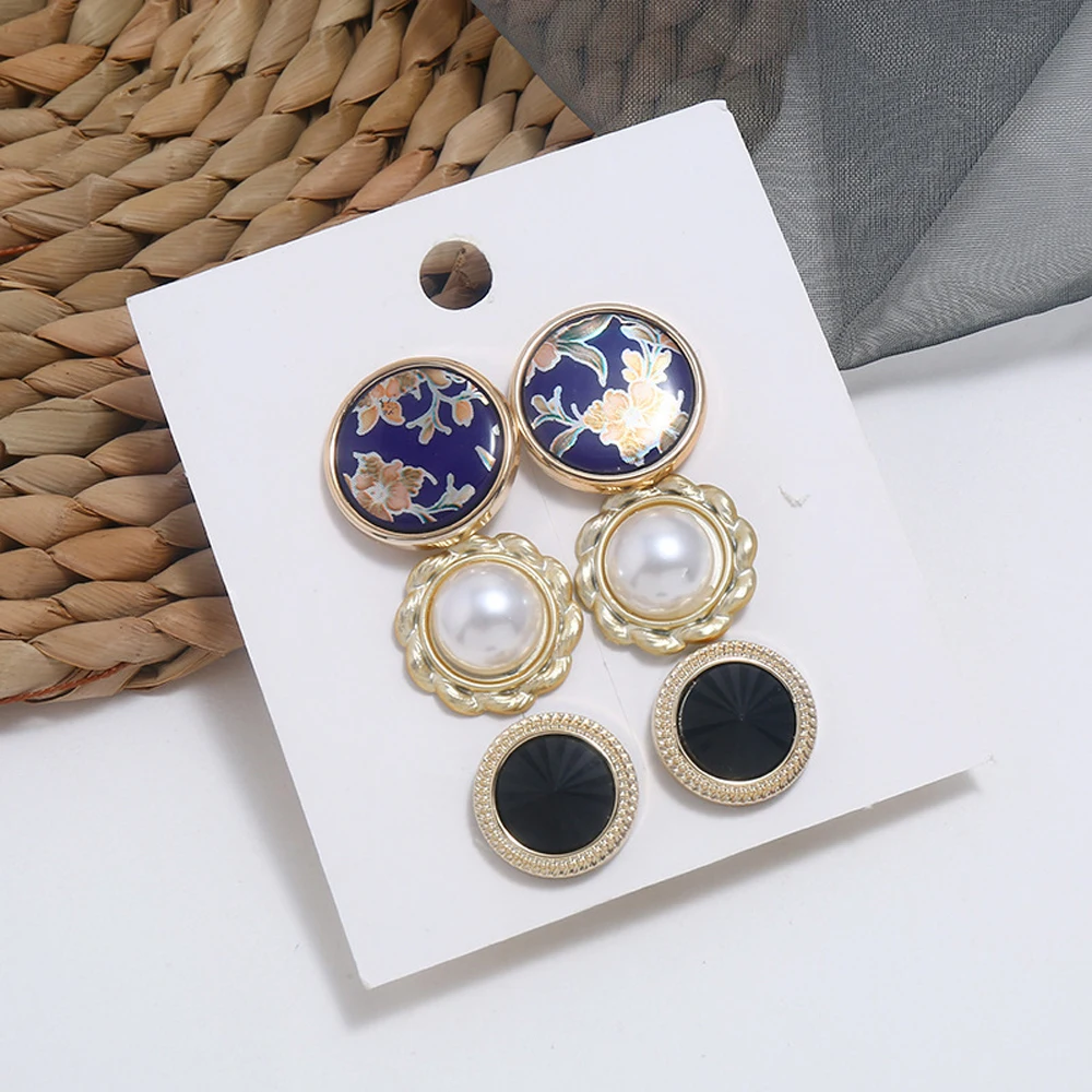Retro Flowers Inlaid Imitation Pearl Earrings Female Creative Simple Alloy Stud Jewelry Party Gift Ear 6 Pcs/Set | Украшения и