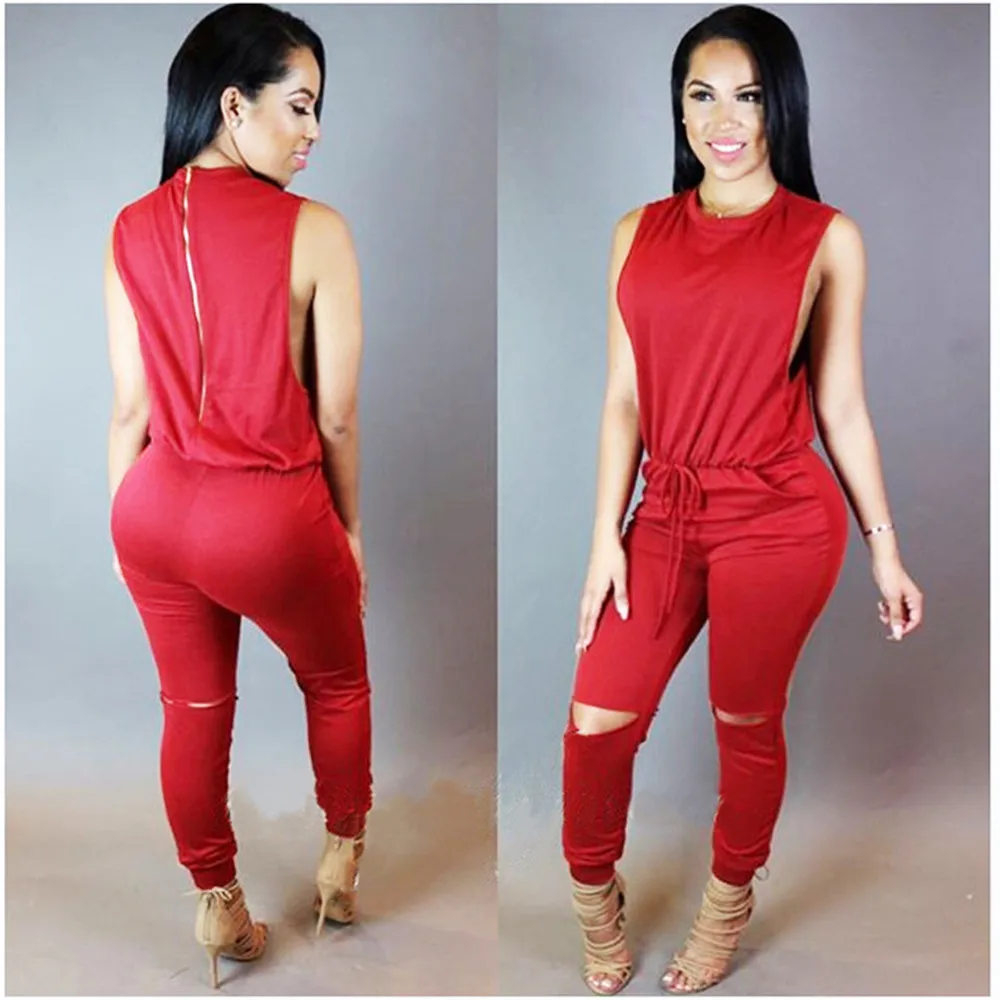 

European and American hot style sexy women's elegant high-quality large size sleeveless drawstring hollow sexy jumpsuit
