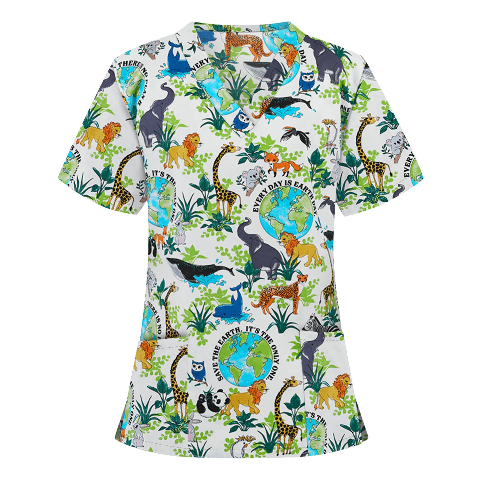 

Women Love Pattern T-shirts Top Short Sleeve V-neck Tops Nurse Working Uniform Solid Pocket T-shirts Leisure Summer T-shirt