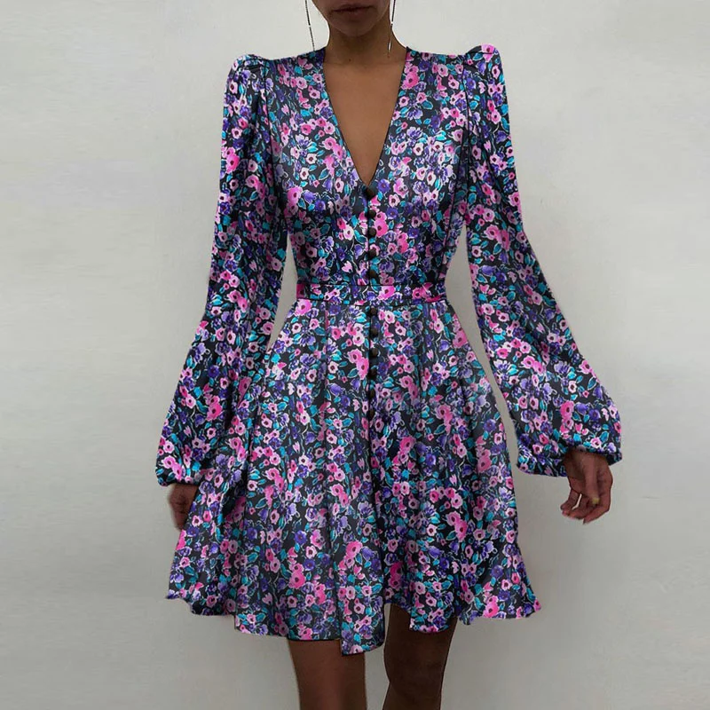 

2021 Fashion V Neck Satin Button Mini Dress Spring Floral Print Long Sleeve Party Dress Women Sweet Slim A-Line Dresses Vestidos