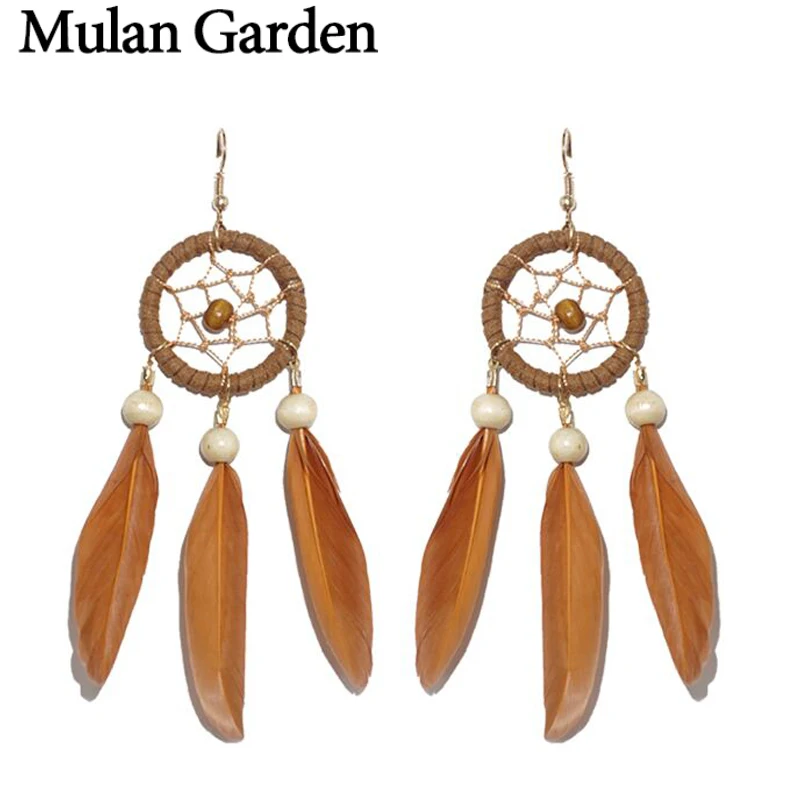 Женские серьги Ловец снов Mulan этнические богемные с натуральными перьями и